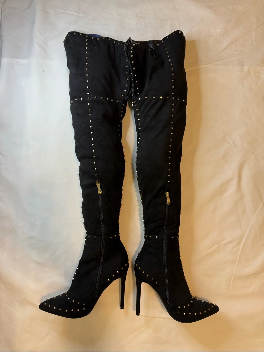 Black Over-the-Knee Stiletto Boots with Gold Studs